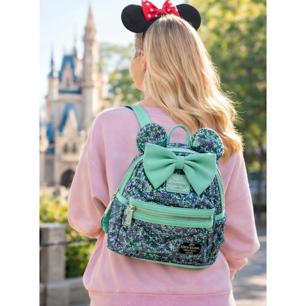 LOUNGEFLY 2023‎  Disney Parks Sequin Minnie Mouse Backpack – Teal & Purple - Picture 3 of 7